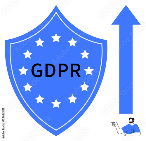 Blue shield with stars surrounding GDPR text, pointing upwards arrow, clipboard-holding person sketch. Ideal for data protection, cybersecurity, compliance, regulations, privacy, improvement growth