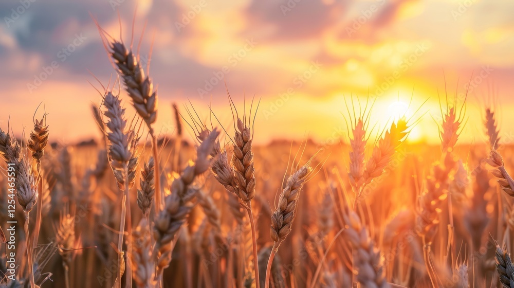 Beautiful wheat field at golden sunset view landscape background. AI generated image Beautiful wheat field at golden sunset view landscape background. AI generated image