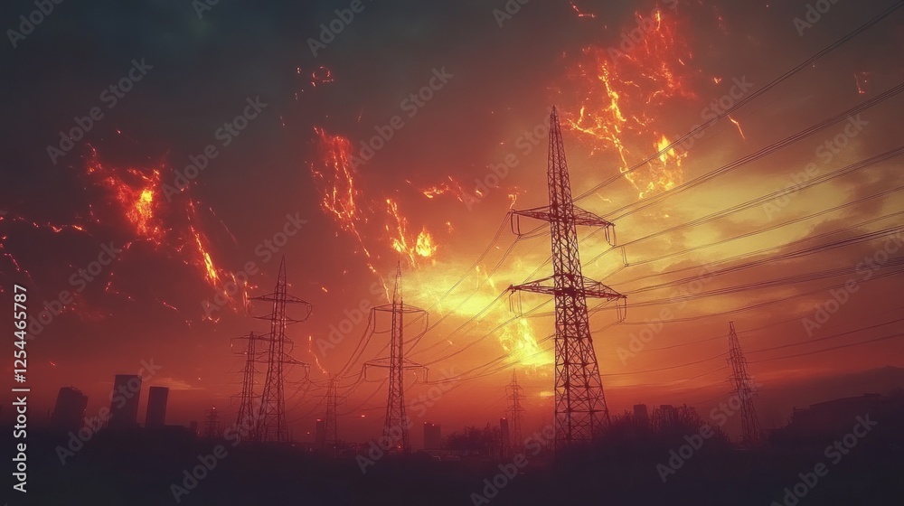 Naklejka premium Fiery sunset over power lines, city skyline.