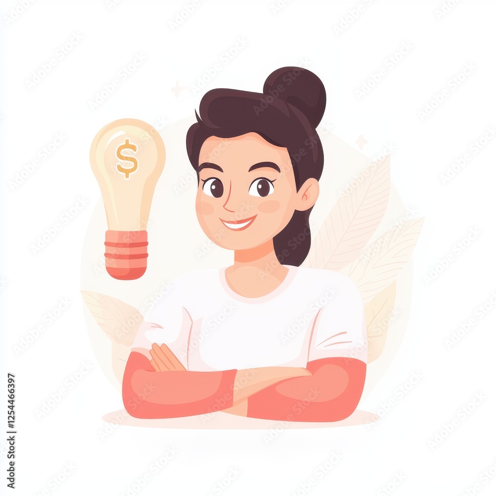 successful investor growth mindset concept. Cheerful woman with a light bulb symbolizing ideas and creativity in a minimalist style. successful investor growth mindset concept. Cheerful woman with a light bulb symbolizing ideas and creativity in a minimalist style.