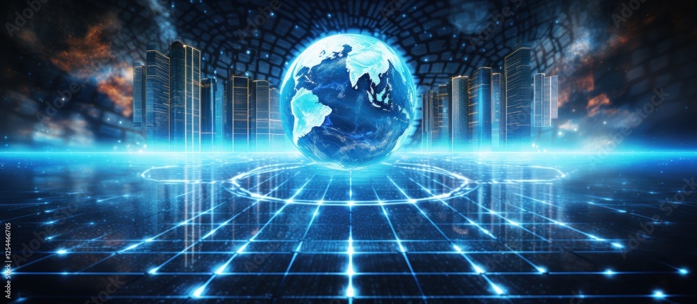 Fototapeta premium Digital futuristic globe communication network with neon light effect. AI generated image