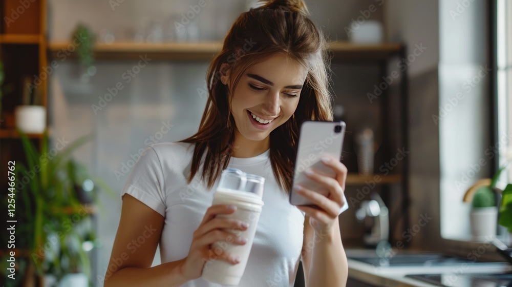 Portrait happy smiling athletic woman holding smartphone and cup of drink at home. AI generated Portrait happy smiling athletic woman holding smartphone and cup of drink at home. AI generated