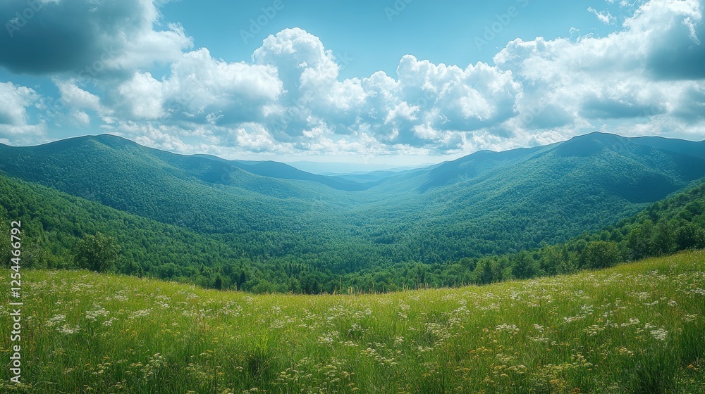 Fototapeta premium Expansive view of a lush green valley surrounded by mountains under a bright blue sky