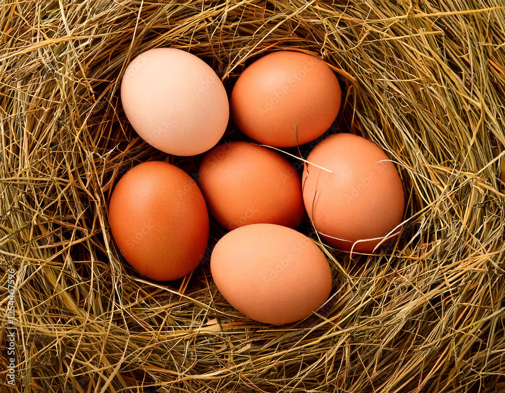 Chicken eggs on a haystack, the view from the top. Chicken eggs on a haystack, the view from the top.