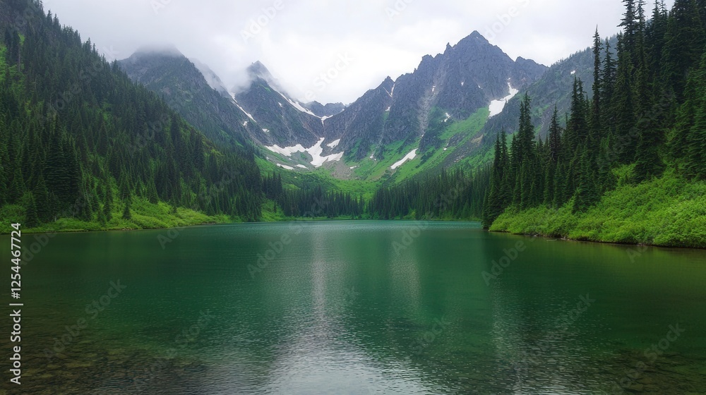 Serene Mountain Lake Surrounded by Lush Green Forest and Peaks Serene Mountain Lake Surrounded by Lush Green Forest and Peaks