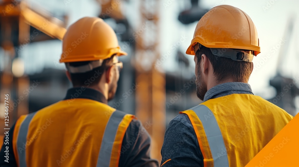 Supervisors on a construction site analyzing a high-rise crane, wearing protective gear, discussing logistics under a bright sky, dynamic industrial perspective, clean copy space Supervisors on a construction site analyzing a high-rise crane, wearing protective gear, discussing logistics under a bright sky, dynamic industrial perspective, clean copy space