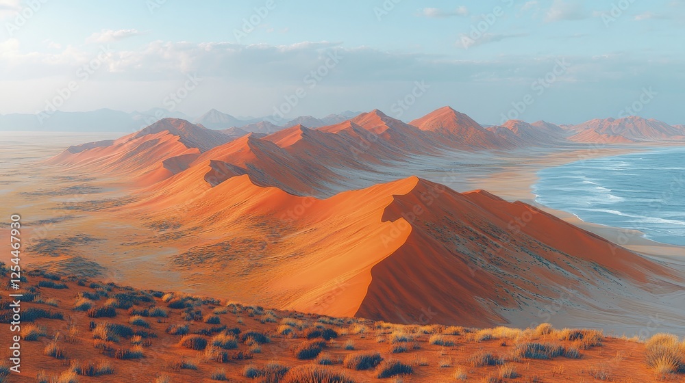 Fototapeta premium Serene sunset over vibrant orange sand dunes meeting the tranquil ocean waves