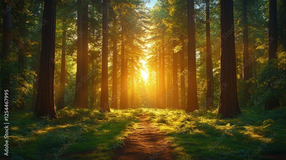 Obraz premium Sunlight filtering through tall trees in a serene forest, creating a magical atmosphere