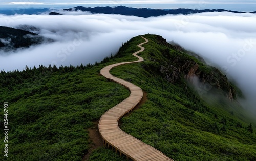 A winding wooden path traverses lush green hills above a sea of clouds, creating a serene and picturesque landscape. photo