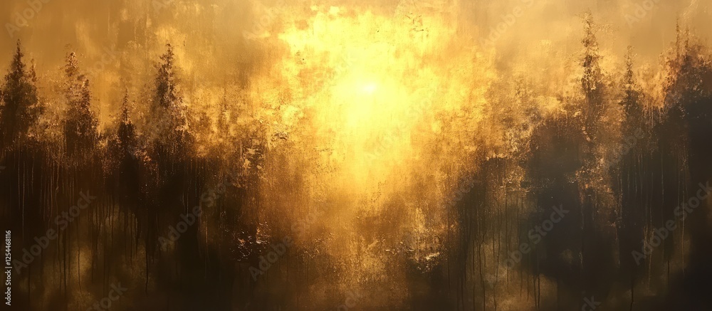 Golden sunrise through smoky forest, nature background, digital art Golden sunrise through smoky forest, nature background, digital art