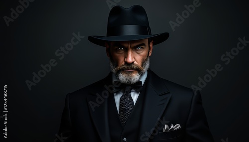 A man with a bushy mustache wears a black suit complete with a tie and his coboy hat on a black background
