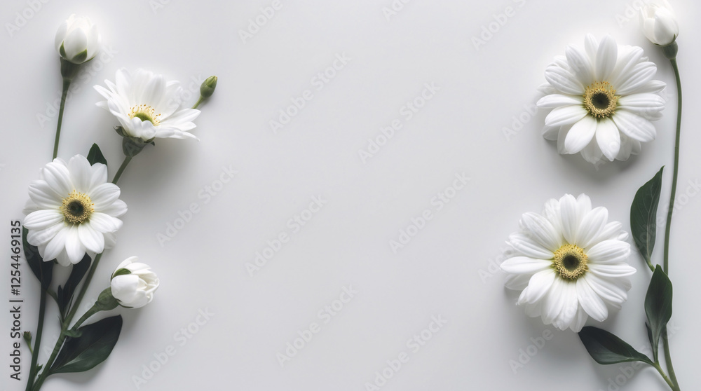 Obraz premium Elegant White Tiny Flowers with Stems Neatly Laid on a Clean White Surface for a Simple and Serene Look Floral Botanical Wallpaper Background