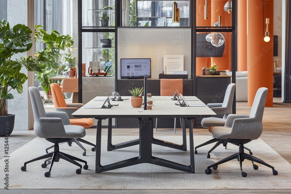 Modern office meeting, workspace, collaboration, teamwork, design, chairs, table, city view Modern office meeting, workspace, collaboration, teamwork, design, chairs, table, city view