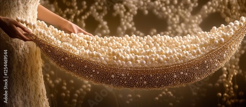 Woman holding pearl cascade, background pearls, luxury ad