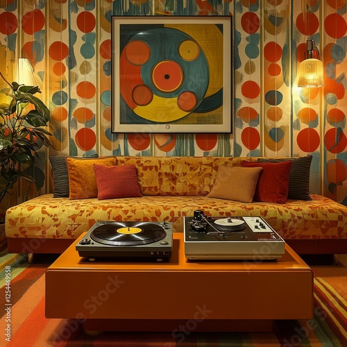 Retro living room, vinyl records, 70s decor, cozy atmosphere, home interior design