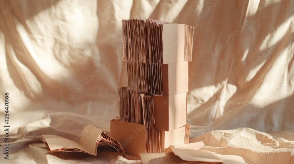 Naklejka premium Stacked books sunlight beige fabric background