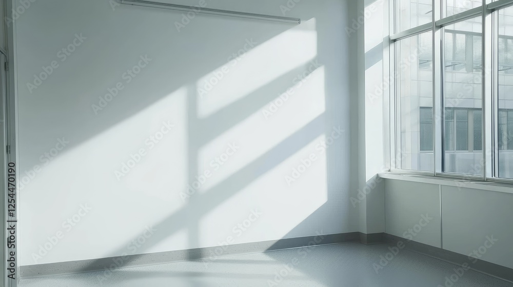 Fototapeta premium Bright, empty room with large windows casting shadows, showcasing modern architecture and minimalism