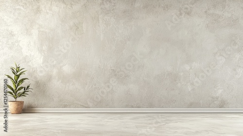 Minimalist interior featuring a potted plant against a textured concrete wall, ideal for decor