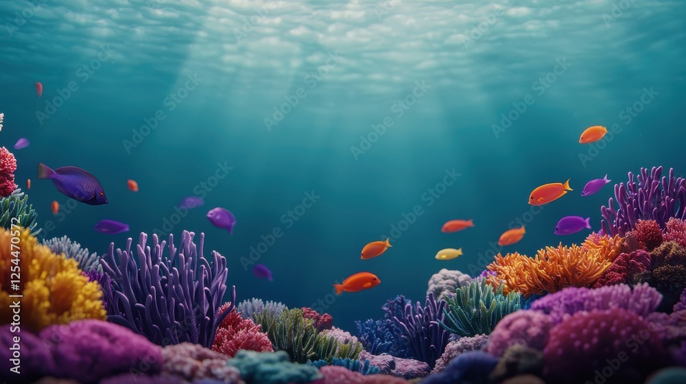 Fototapeta premium Colorful Coral Reef with Tropical Fish and Sunlight Rays Above