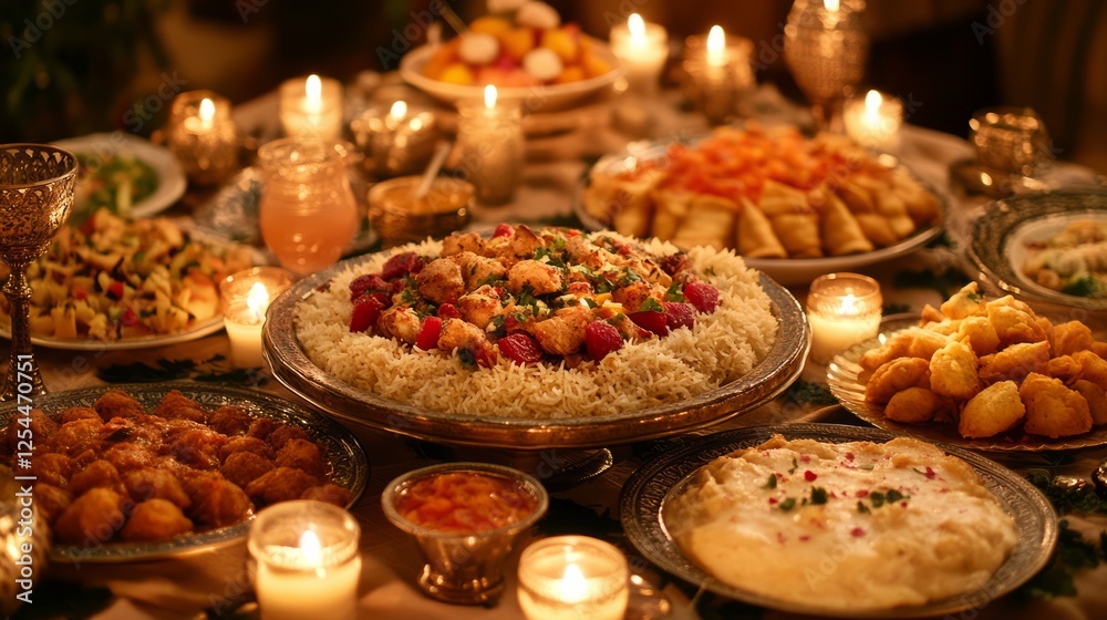 A festive Iftar table with a mixture of savory and sweet dishes like chicken biryani, samosas, fruit salad, and kunafa, surrounded by candles and Ramadan-themed decor A festive Iftar table with a mixture of savory and sweet dishes like chicken biryani, samosas, fruit salad, and kunafa, surrounded by candles and Ramadan-themed decor
