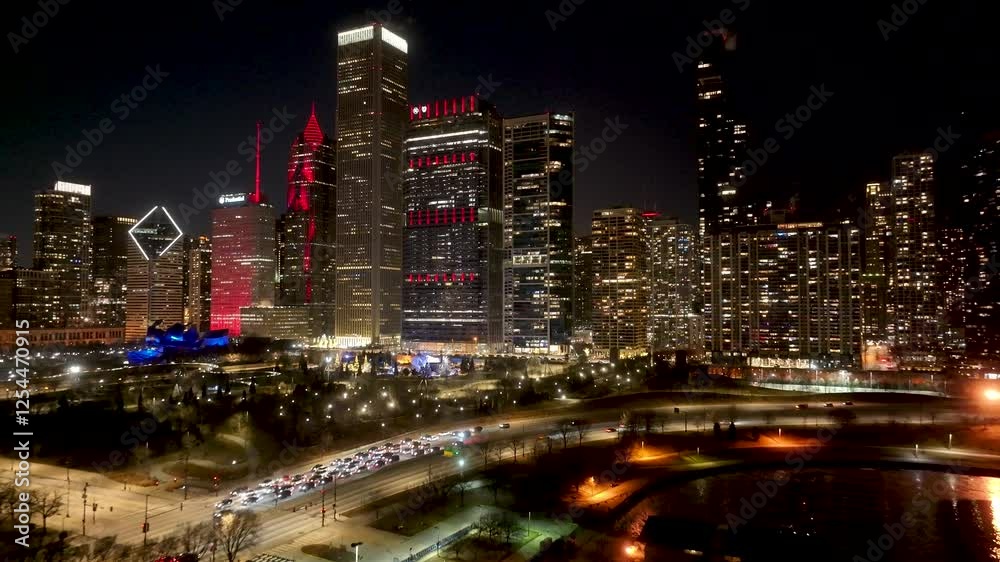 Night Chicago Skyline At Chicago In Illinois United States. Illuminated Downtown. City At Night Landscape. Chicago At Illinois United States. Chicago City District. City Skyline Scene. Night Chicago Skyline At Chicago In Illinois United States. Illuminated Downtown. City At Night Landscape. Chicago At Illinois United States. Chicago City District. City Skyline Scene.