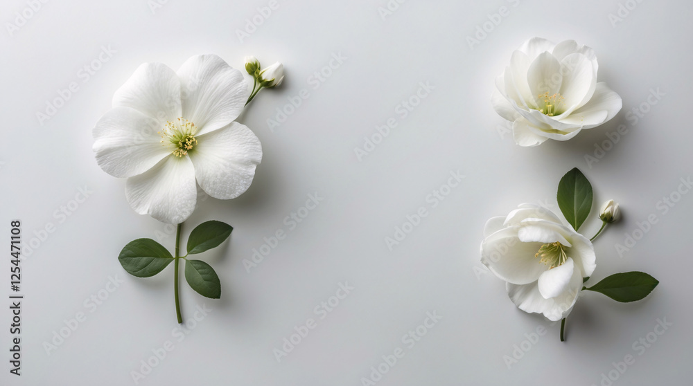Obraz premium Fresh White Tiny Flowers with Stems Spread Across a Clean White Surface for a Simple and Elegant Display Floral Botanical Wallpaper Background