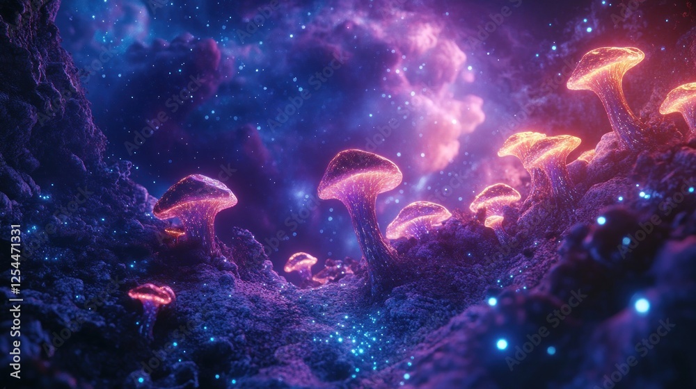 Fototapeta premium Glowing Alien Mushrooms in Nebula, Fantasy Landscape