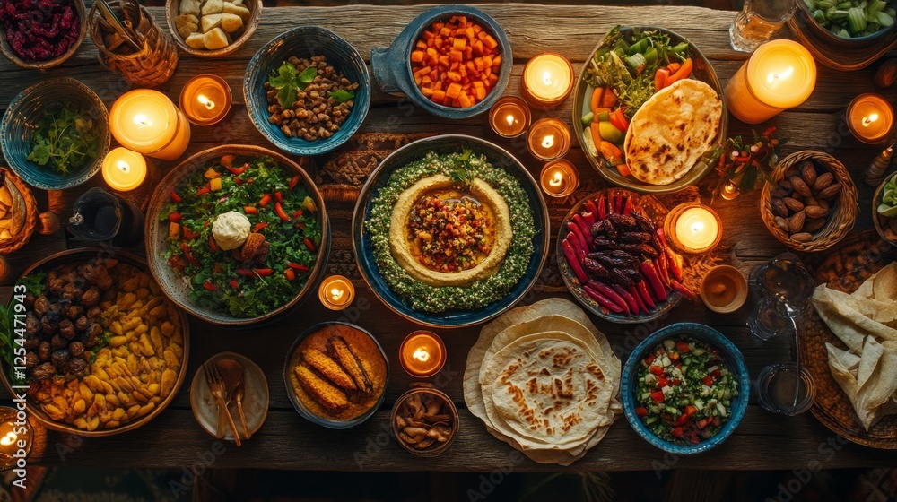 A vibrant Ramadan table with a selection of freshly prepared foods, including tabbouleh, hummus, flatbreads, grilled vegetables, and dates, surrounded by colorful dishes and candles A vibrant Ramadan table with a selection of freshly prepared foods, including tabbouleh, hummus, flatbreads, grilled vegetables, and dates, surrounded by colorful dishes and candles