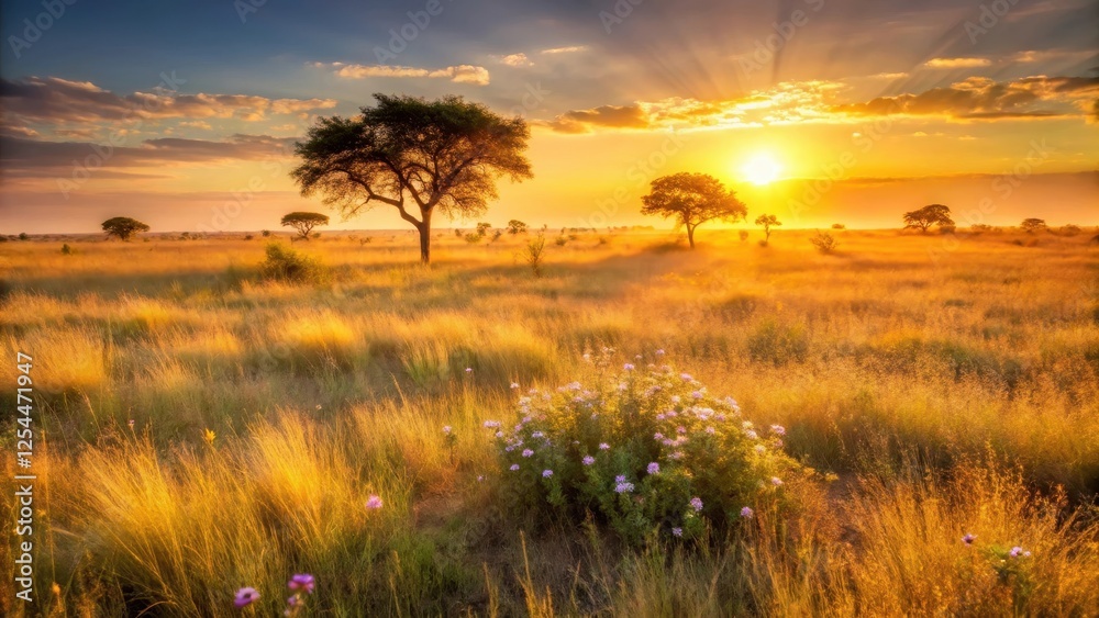 Golden light on savannah grasslands at sunrise, African wildflowers, sunset, African wildflowers Golden light on savannah grasslands at sunrise, African wildflowers, sunset, African wildflowers