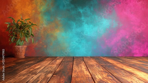 Vibrant Colorful Background with Wooden Floor and Potted Plant, Ideal for Creative Spaces