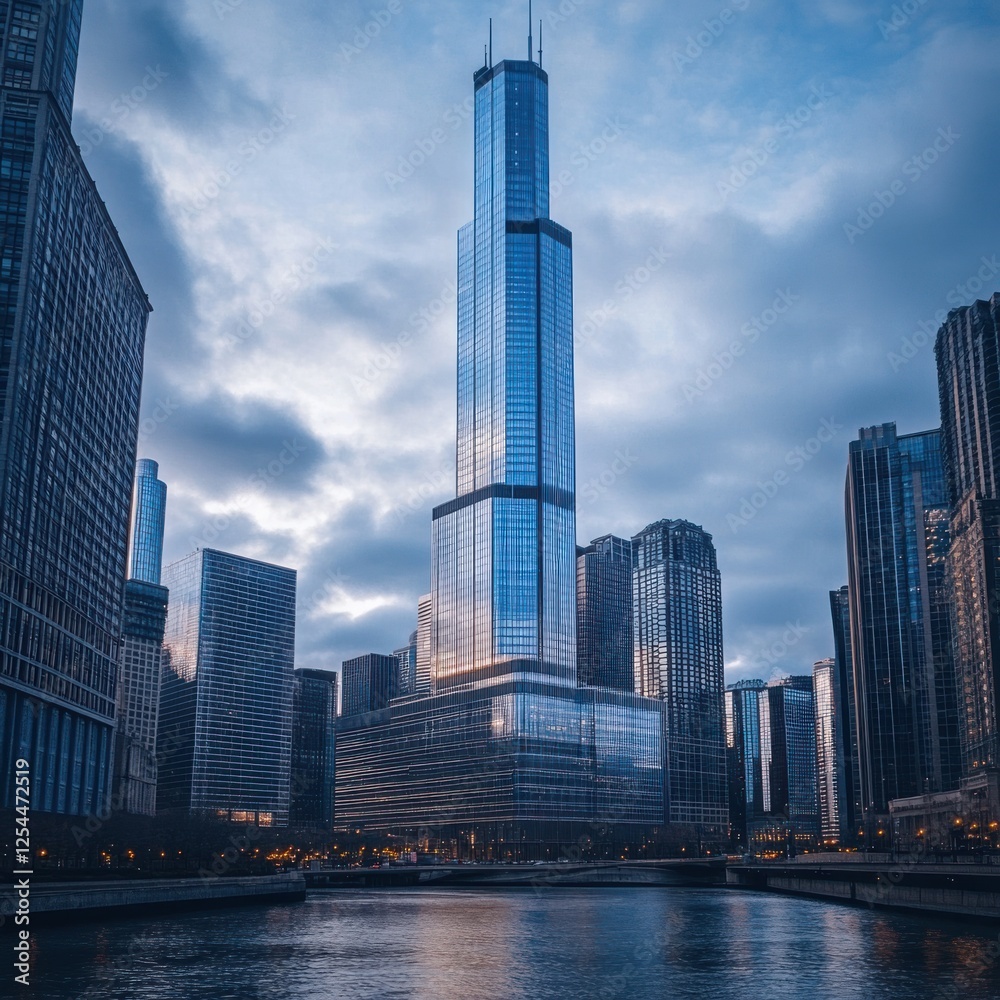 Skyscraper sunrise Chicago river cityscape advertising Skyscraper sunrise Chicago river cityscape advertising