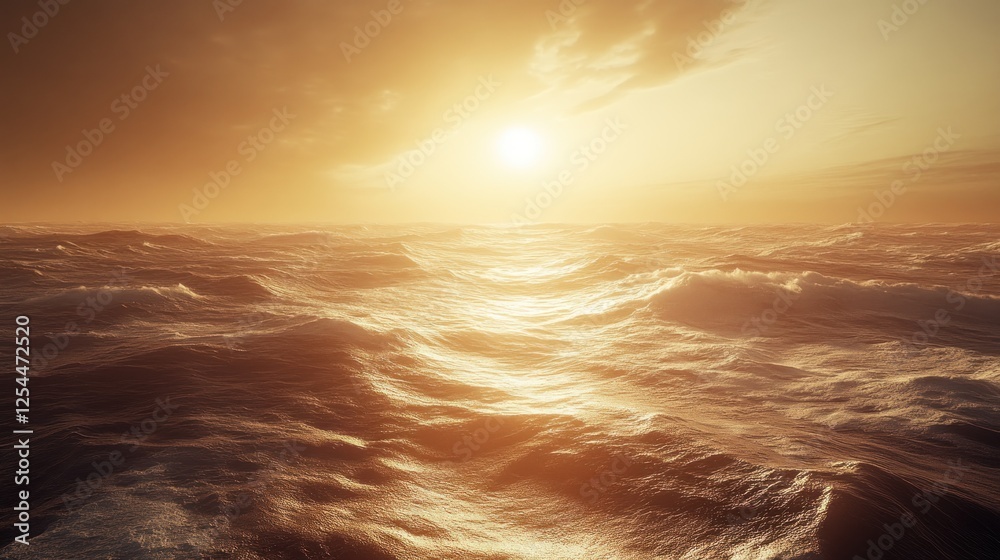 Golden sunset over stormy ocean waves, dramatic sky background, travel poster Golden sunset over stormy ocean waves, dramatic sky background, travel poster
