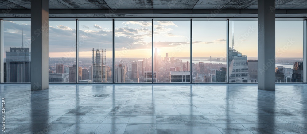 Fototapeta premium Office room with empty floor with modern cityscape landscape view. AI generated image