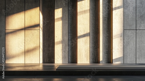 Modern interior space featuring textured concrete walls and dramatic sunlight casting shadows