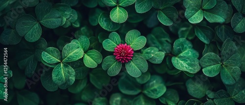 close-up of a red clover surrounded by green clover leaves