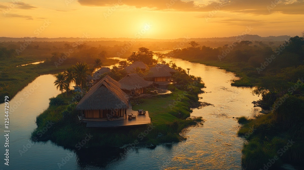 Fototapeta premium Riverfront bungalows sunset jungle aerial tourism