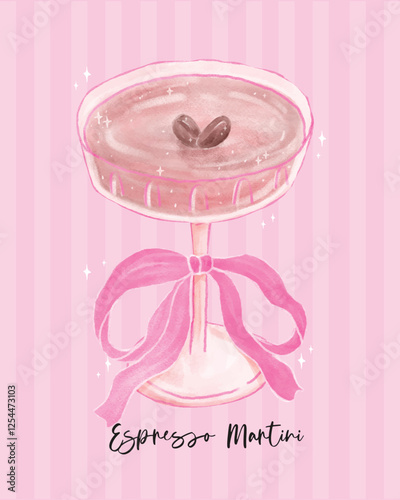 Coquette Espresso Martini Glass with Pink Roibbon Bow Watercolor