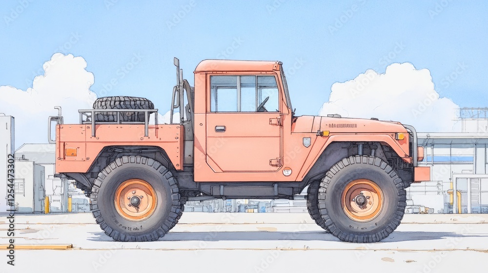 Pink off-road vehicle parked in an industrial area with clear skies and distant buildings Pink off-road vehicle parked in an industrial area with clear skies and distant buildings