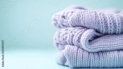 Stacked lilac sweaters, pastel background, cozy autumn feel, website banner