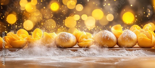 Festive pasta & buns, floury kitchen, bokeh lights