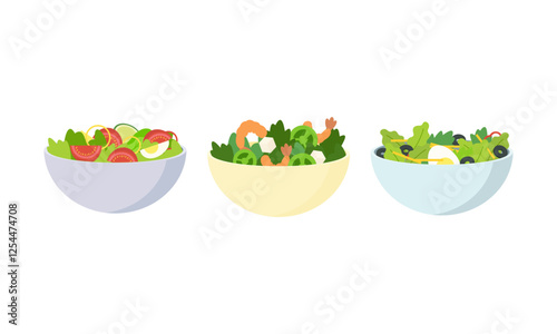 Flat vector set of vegetables and fruit salads. Consuming dishes from fresh products