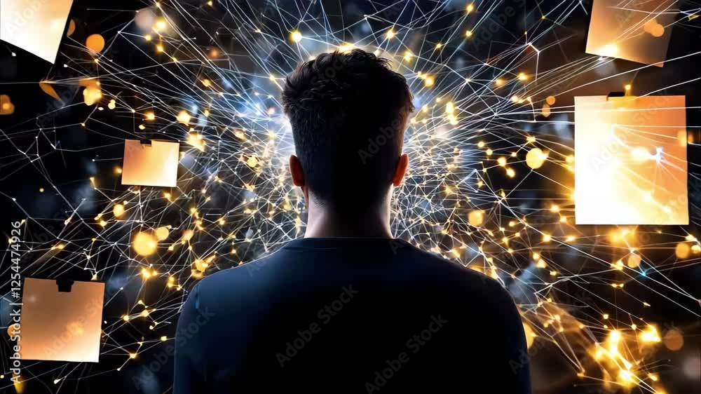 A person stands facing a dynamic display of floating papers and lights, suggesting creativity or brainstorming ideas.