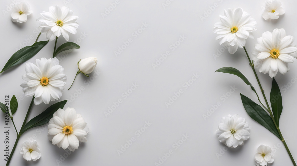 Obraz premium Soft White Flowers with Stems Laid Across a Clean White Background for a Serene and Elegant Display Floral Botanical Wallpaper Background