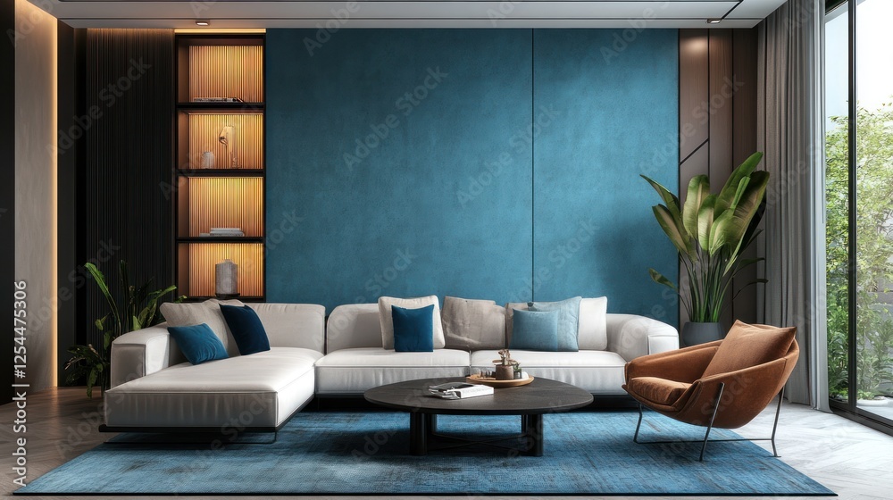 Fototapeta premium Modern Living Room Interior Design with Teal Wall and White Sectional Sofa
