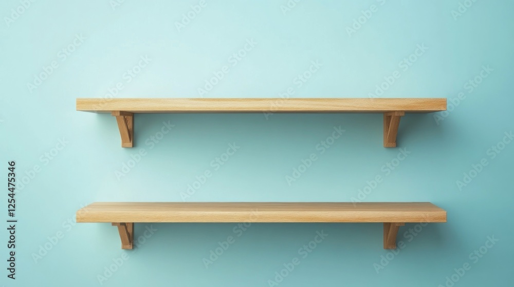 Empty wooden shelves on a light blue wall, product display background Empty wooden shelves on a light blue wall, product display background