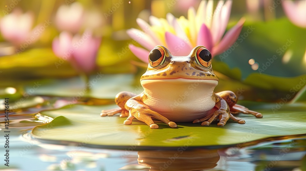 Frog Sitting on Lily Pad Surrounded by Water Lilies and Sunlight Frog Sitting on Lily Pad Surrounded by Water Lilies and Sunlight