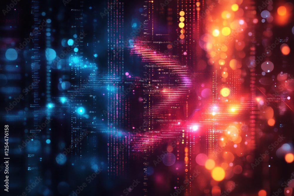 Obraz premium Abstract digital data flow, binary code, glowing bokeh, network visualization, tech background