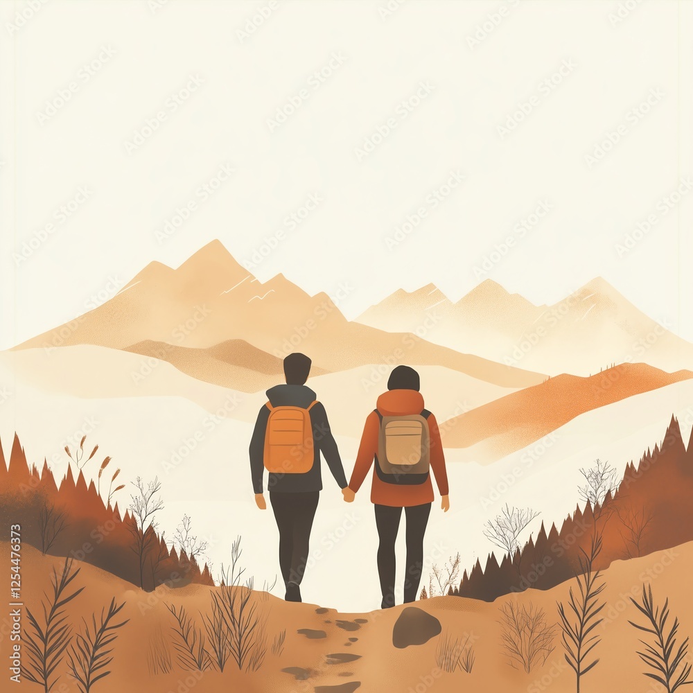 Fototapeta premium Couple Hiking in the Mountains – Minimalist Clean-Line Illustration in Warm Earth Tones