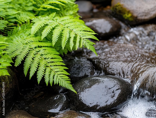 A lush fern grows beside a gently flowing stream over smooth, dark stones, creating a serene and tranquil natural scene. photo