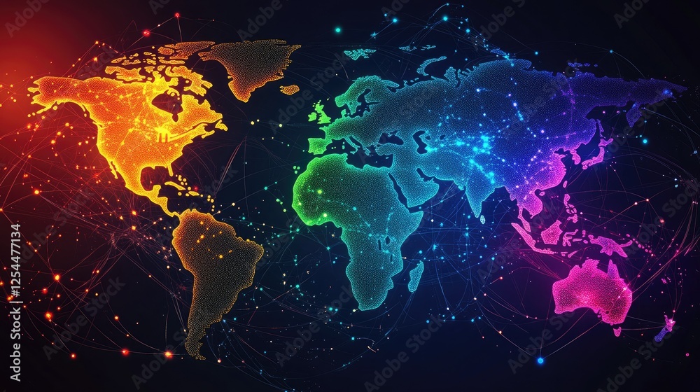 Fototapeta premium Colorful Digital World Map with Network Connections and Lights